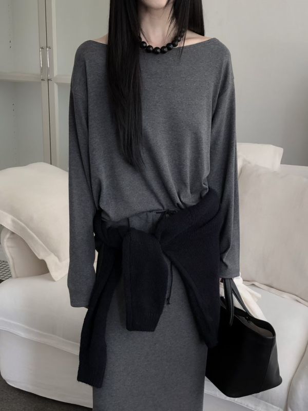 優雅素面舒服長裙套裝 