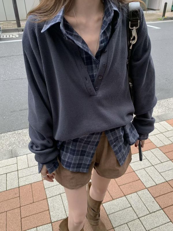 華夫格紋亨利領上衣 