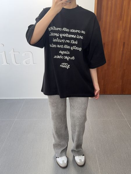 簡約文字七分袖長版T 