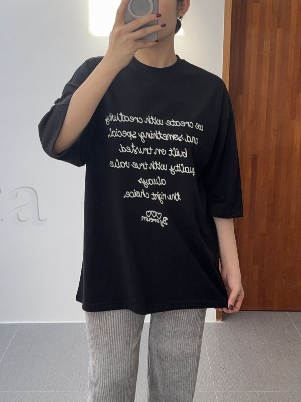 簡約文字七分袖長版T 