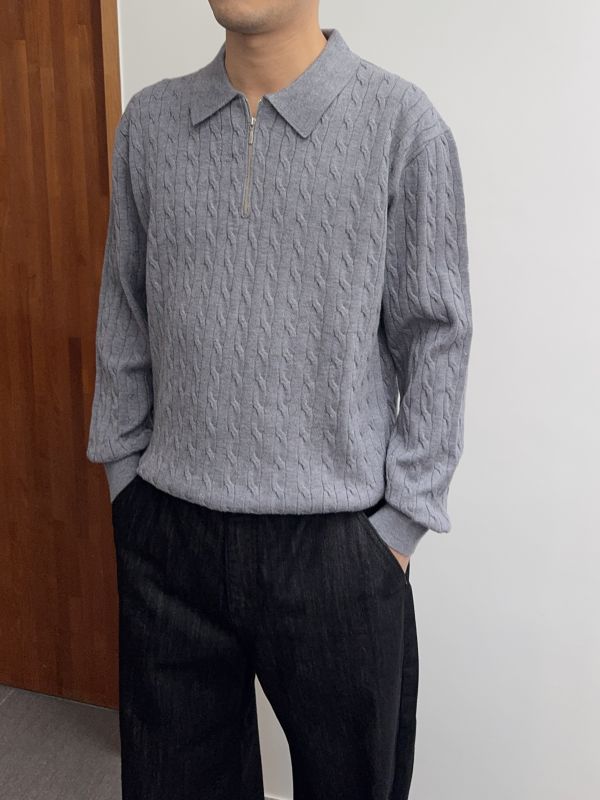 男裝-麻花紋拉鏈領針織衣 