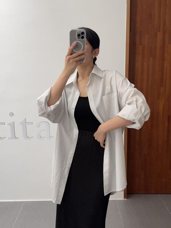 休閒細直紋寬鬆襯衫 