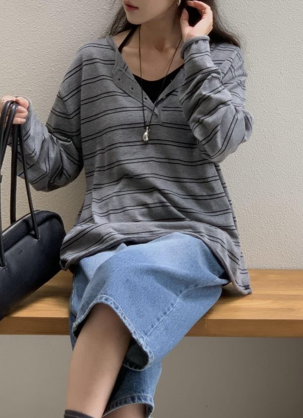 天絲羊毛條紋亨利領T 