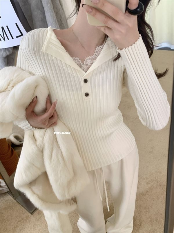 05121206｜LEMON秋冬〃006897蕾絲V領拼接針織衫｜F 蕾絲打底上衣, 羅紋上衣, 顯瘦上衣, V領針織, 女裝打底衫, 修身上衣, 長袖針織, 秋冬女裝, 內搭上衣, 氣質上衣