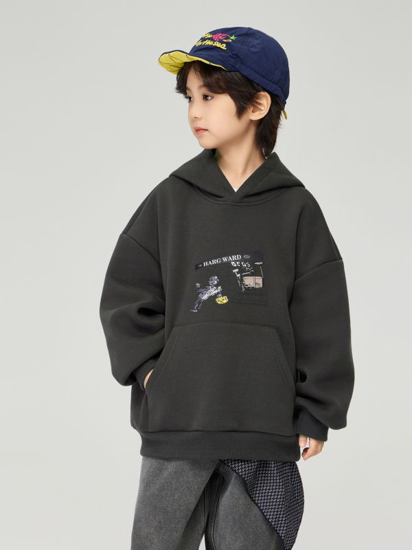 05110402┃TFYU秋冬〃機器人印花加絨連帽T┃100-170 童裝帽T, 厚刷毛上衣, 保暖連帽, 男童帽T, 女童帽T, 加厚帽T, 韓系童裝, 寬鬆帽T, 機器人圖案, 秋冬童裝