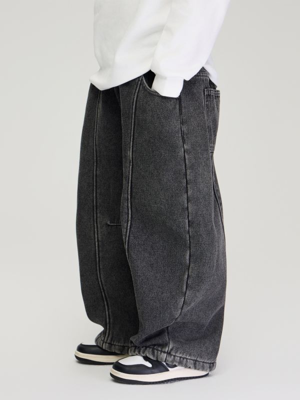 05110401┃TFYU秋冬〃水洗黑加絨牛仔褲┃100-170 童裝長褲, 奧利絨長褲, 加厚保暖褲, 束口長褲, 牛仔風長褲, 寬鬆長褲, 休閒褲, 兒童秋冬褲, 韓系童裝, 男女童褲