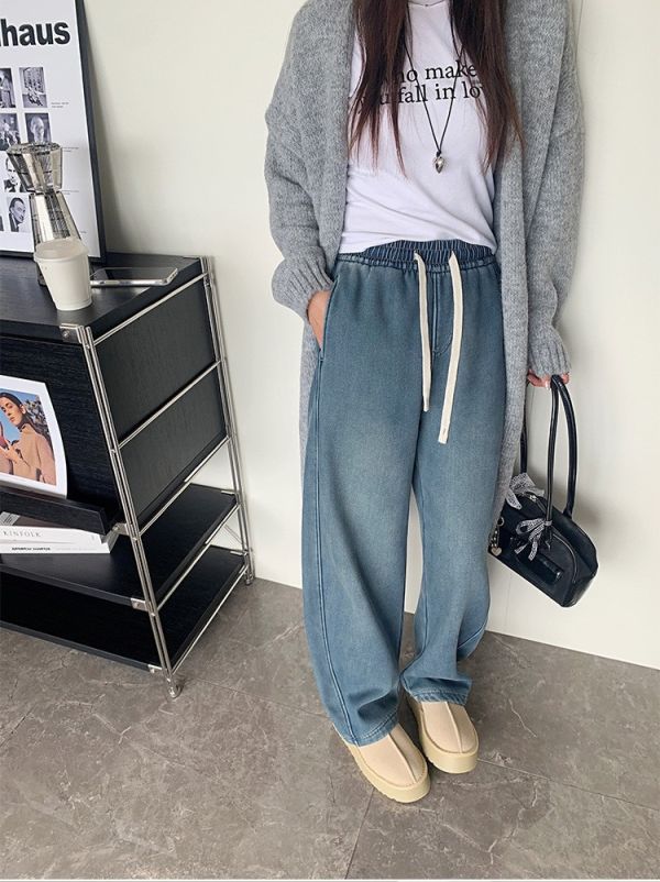 05112709｜冬〃加絨天絲彎刀牛仔褲｜S-XL 加絨褲 變刀褲 女裝牛仔褲 保暖褲 冬季褲子 高密短絨 寬鬆顯瘦