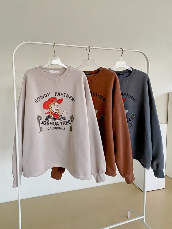 韓┃N9〃三色加絨牛仔女孩T┃F 韓國加絨上衣, 女生大學T, 美式印花衛衣, HOWDY PARTNER, JOSHUA TREE, 韓國女裝, 保暖圓領T, 寬鬆版衛衣, 秋冬加厚上衣, 韓系穿搭, 棕色衛衣, 奶灰色衛衣, 墨灰大學T, 女裝加絨長袖