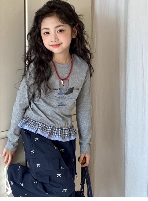 05112708｜XHY冬〃灰色KT印花花邊下擺T｜120-170 女童上衣、格紋假兩件、熊熊上衣、女童長袖、洋氣童裝、秋冬新品、百搭上衣