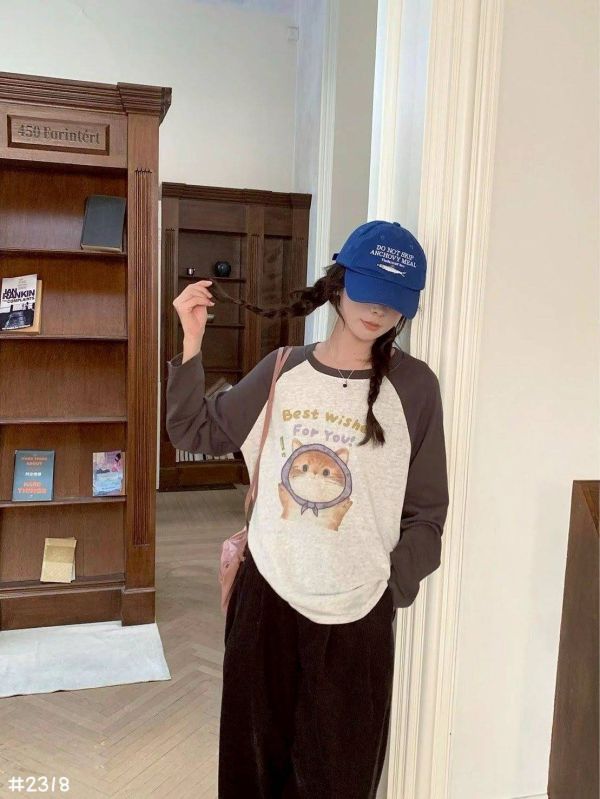 05110611┃秋冬〃2318頭巾的貓咪印花T┃F┃251110結單 貓咪上衣、拼色T恤、插畫T、長袖上衣、韓版T恤、中性上衣、可愛上衣、休閒風T、秋冬T恤、寬鬆長袖