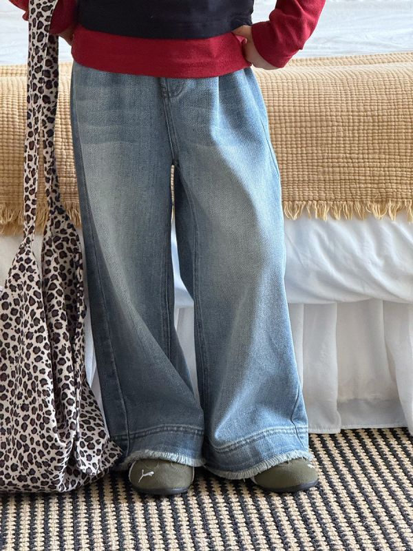 05110501┃小艾秋冬〃F036磨白拼接毛邊直筒牛仔褲┃90-170 兒童牛仔褲、童裝牛仔褲、寬鬆牛仔褲、寬管牛仔褲、丹寧褲、小孩長褲、親子裝、男童褲、女童褲、水洗牛仔、韓版童裝