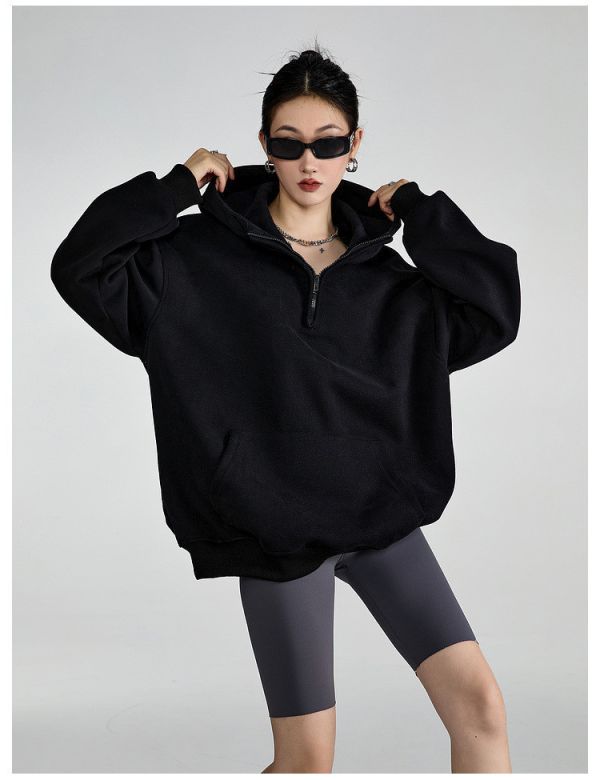 05110801┃秋〃3647兩色復古半拉鍊連帽上衣┃M-L 連帽衛衣、oversize帽T、韓系厚棉上衣、寬鬆帽T、保暖衛衣、半開拉鍊上衣、女裝秋冬、情侶衛衣、黑灰帽T、慵懶風