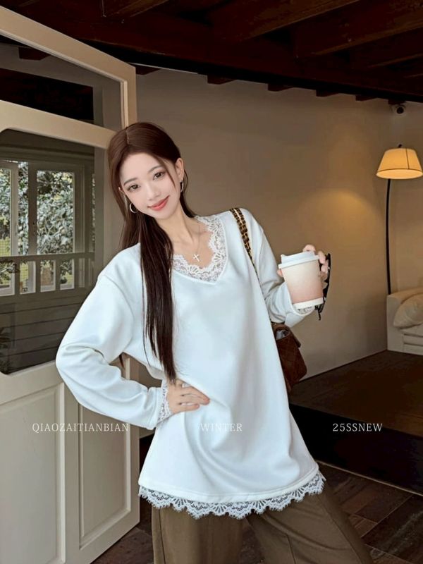 05112803｜秋冬〃5212V領蕾絲下擺内刷毛暖暖上衣｜F 蕾絲上衣、內刷毛、加厚保暖、女裝長袖、秋冬打底、圓領上衣