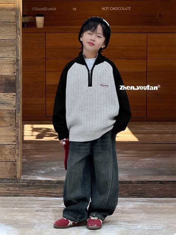 05120507｜ZNF秋冬〃9637撞色拼接北極絨半拉鍊上衣｜110-170 中大童毛衣, 韓系毛衣, 半拉鍊上衣, 拼色毛衣, 保暖童裝, 男女童上衣, 兒童針織衫, 秋冬童裝, 百搭童裝