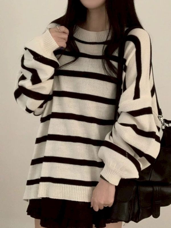 05112804｜秋冬〃23286慵懶設計感落肩條紋針織衫｜F 條紋毛衣、針織上衣、寬鬆上衣、秋冬毛衣、長袖上衣、女裝、23286