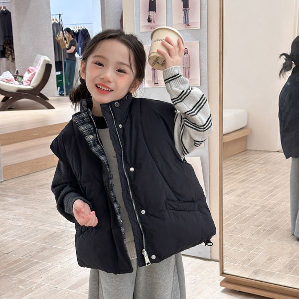 05111002┃小艾秋冬〃H039立領兩面穿夾棉背心┃90-170 兒童馬甲、兩面穿背心、冬季外套、格紋馬甲、加厚棉背心、韓系童裝、男童女童外套、兒童保暖背心、中大童背心、雙面穿外套、冬季穿搭