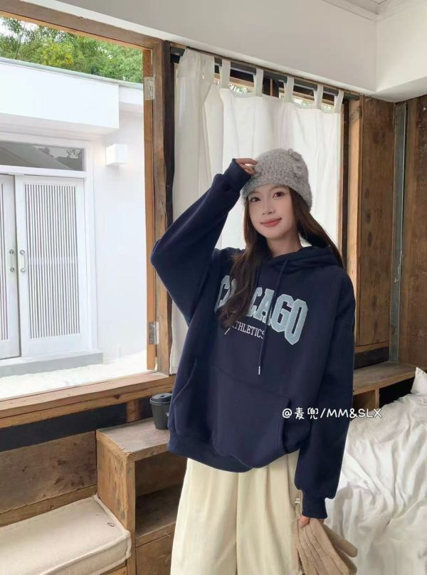 05120706｜秋冬〃2966重工立體字母加絨連帽大學T｜F 刷毛帽T, 連帽衛衣, 韓系帽T, 刺繡衛衣, CHICAGO帽T, 情侶衛衣, 落肩衛衣, 寬鬆帽T, 秋冬上衣