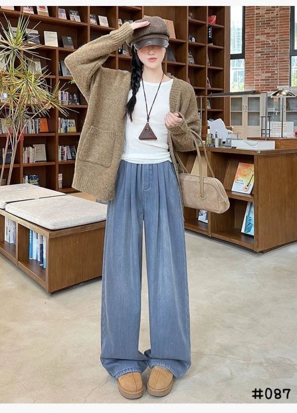 05121304｜秋冬〃087加絨丹寧感寬褲｜F 女款寬褲, 加絨寬褲, 冬季保暖褲, 高腰寬褲, 鬆緊腰長褲, 反摺褲腳, 刷毛長褲, 顯瘦褲型, 冬天穿搭, 女生休閒褲