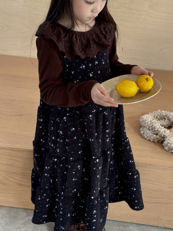 05120307｜小瑜家秋冬〃咖色蕾絲花邊奧絨上衣｜90-150 女童上衣, 長袖童裝, 碎花上衣, 蕾絲領童裝, 拼接上衣, 假兩件童裝, 秋冬童裝, 日系童裝, 可愛上衣, 女童T恤