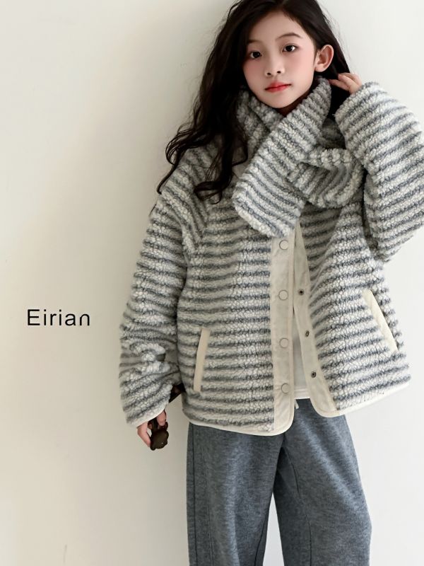 05110403┃秋冬〃條紋毛絨兩面穿外套圍巾┃120-170 羊羔絨外套, 雙面穿外套, 童裝外套, 保暖外套, 加厚外套, 韓系童裝, 冬季外套, 女童外套, 男童外套, 親子款外套
