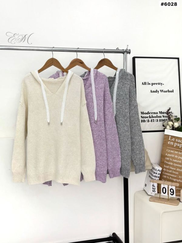 05112207｜秋冬〃6028三色蕾絲抽繩針織連帽衫｜F 連帽針織, V領毛衣, 抽繩上衣, 寬鬆針織, 韓系毛衣, 秋冬上衣, 紫色針織, 奶白毛衣, 灰色毛衣, 卡其毛衣, 休閒針織