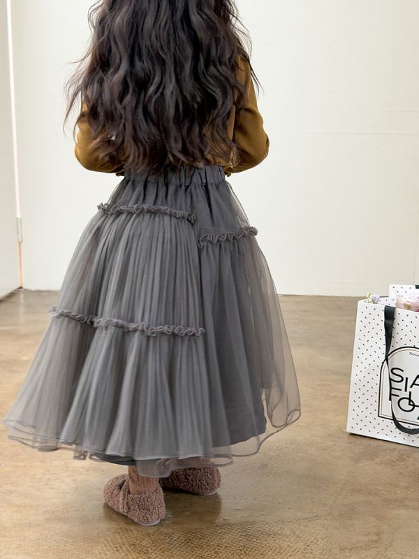 05111611｜小艾家秋冬〃H010灰色中長款網紗裙｜90-170 女童紗裙、公主裙、網紗長裙、多層紗裙、冬季紗裙、加厚保暖裙子、女童長裙、蓬蓬裙、兒童公主裙、灰色紗裙、90–170cm 裙子、女童氣質裙