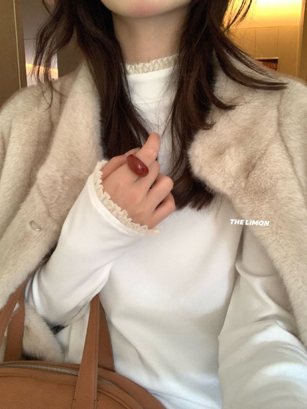 05112203｜LEMON〃9381蕾絲邊加絨高領打底衫｜F 加絨打底衫, 加厚打底, 蕾絲上衣, 氣質內搭, 保暖內搭, 秋冬上衣, 高領打底, 女裝內搭, 四色打底衫, 韓系打底衫, 百搭內搭, 氛圍感穿搭