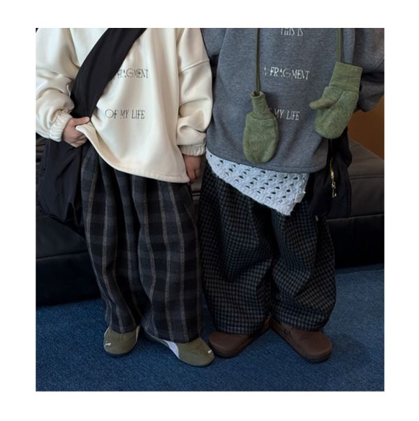 05120601｜HAHA家秋冬〃91679加絨深灰格子褲｜100-160 中大童褲, 格紋童褲, 韓系童裝, 童裝寬褲, 秋冬童褲, 厚款童褲, 鬆緊腰童褲, 小童褲子, 男童褲, 女童褲, 親子穿搭