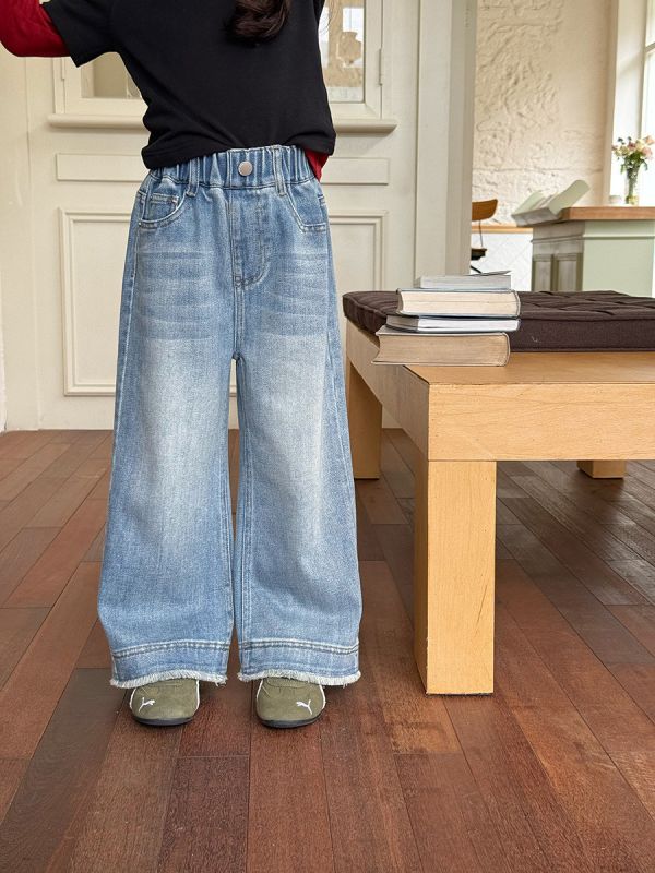 05110501┃小艾秋冬〃F036磨白拼接毛邊直筒牛仔褲┃90-170 兒童牛仔褲、童裝牛仔褲、寬鬆牛仔褲、寬管牛仔褲、丹寧褲、小孩長褲、親子裝、男童褲、女童褲、水洗牛仔、韓版童裝