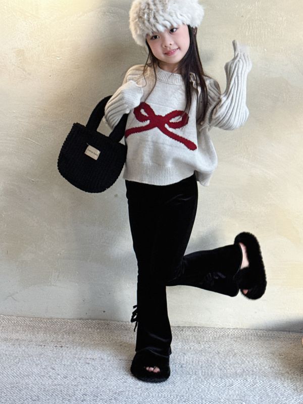 05120404｜小瑜家秋冬〃蝴蝶結絲絨喇叭褲｜90-150 女童長褲, 微喇叭褲, 蝴蝶結童褲, 修身童褲, 黑色童褲, 甜美童裝, 休閒童褲, 秋冬童裝, 百搭童褲, 日系童裝