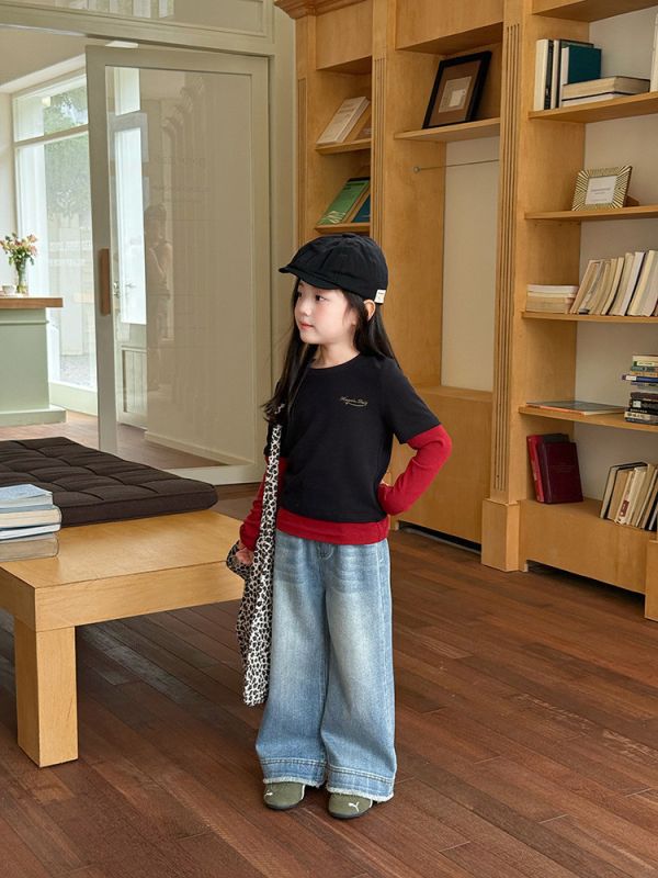 05110501┃小艾秋冬〃F036磨白拼接毛邊直筒牛仔褲┃90-170 兒童牛仔褲、童裝牛仔褲、寬鬆牛仔褲、寬管牛仔褲、丹寧褲、小孩長褲、親子裝、男童褲、女童褲、水洗牛仔、韓版童裝