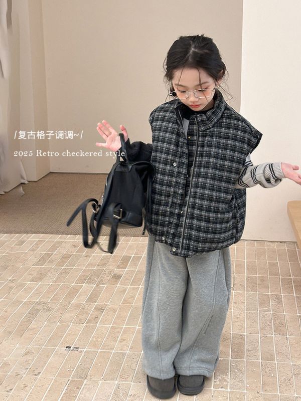 05111002┃小艾秋冬〃H039立領兩面穿夾棉背心┃90-170 兒童馬甲、兩面穿背心、冬季外套、格紋馬甲、加厚棉背心、韓系童裝、男童女童外套、兒童保暖背心、中大童背心、雙面穿外套、冬季穿搭