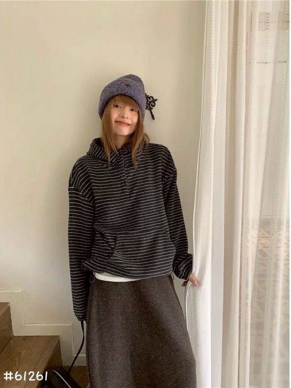 05110610┃秋冬〃61261條紋連帽上衣 條紋連帽上衣、厚棉衛衣、寬鬆T恤、韓版上衣、秋冬上衣、連帽上衣、百搭長袖、休閒風上衣