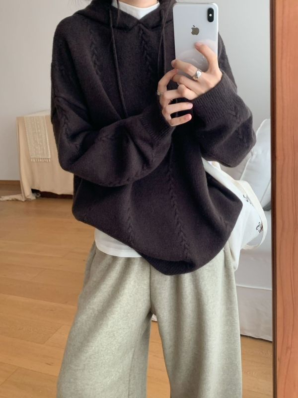 05112807｜秋冬〃532細麻花紋連帽寬鬆保暖毛衣｜F 連帽毛衣、辮子織毛衣、針織上衣、保暖毛衣、寬鬆毛衣、秋冬上衣、532款