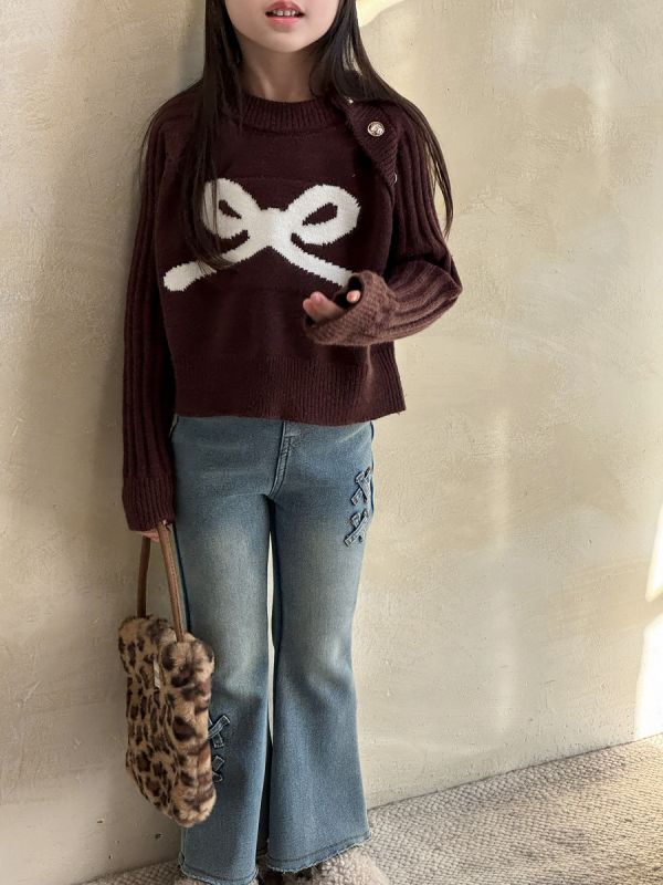 05120208｜小瑜家秋冬〃兩色蝴蝶結針織毛衣｜90-150 童裝針織上衣, 女童毛衣, 蝴蝶結上衣, 緞帶刺繡, 童裝秋冬上衣, 加厚毛衣童款, 氣質童裝, 女童穿搭, 百搭童衣, 90-150童裝