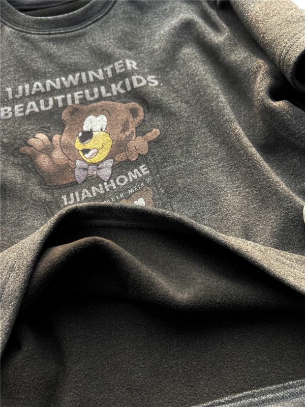 05110205┃SN〃8551假兩件加絨熊印花T┃100-160 插畫童裝, 熊熊刷毛上衣, 雙層保暖上衣, 秋冬童裝, 寬版落肩, 棉質刷毛, 特色插畫, 童裝衛衣, 100～160童裝, 居家休閒童裝
