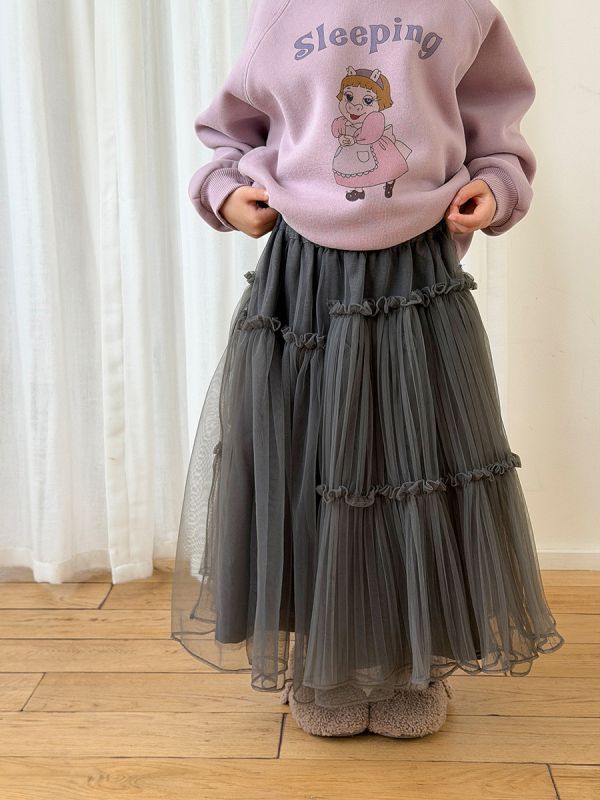 05111611｜小艾家秋冬〃H010灰色中長款網紗裙｜90-170 女童紗裙、公主裙、網紗長裙、多層紗裙、冬季紗裙、加厚保暖裙子、女童長裙、蓬蓬裙、兒童公主裙、灰色紗裙、90–170cm 裙子、女童氣質裙