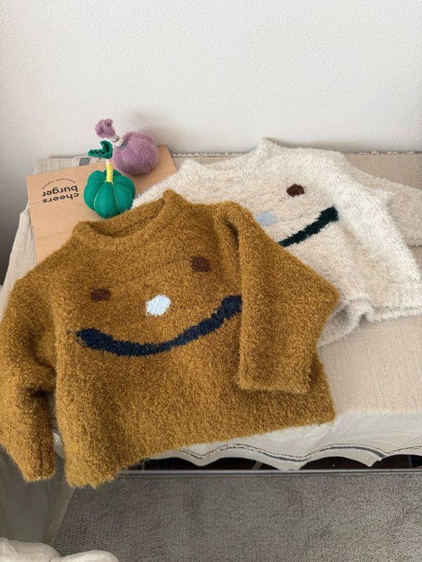 05110507┃右右秋冬〃25772兩色毛毛笑臉毛衣┃90-150 笑臉毛衣、毛毛上衣、童裝針織衫、兒童毛衣、韓版童裝、保暖上衣、秋冬新款、親膚毛呢上衣、可愛童裝、中性毛衣