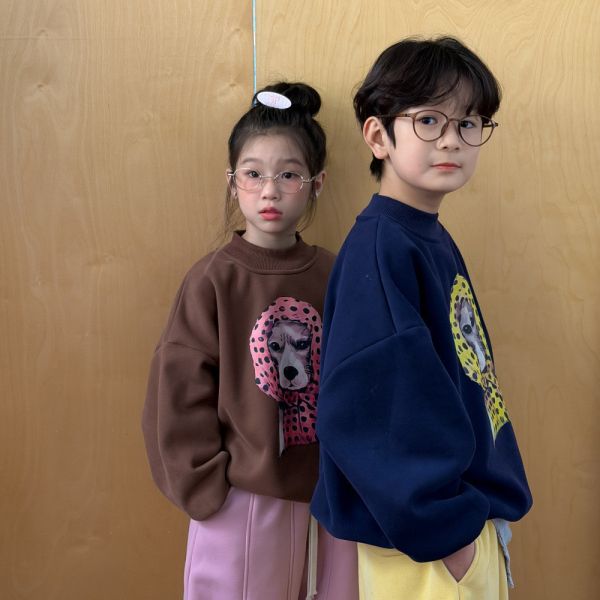 05120203｜KUMAI秋冬〃D218兩色加絨斑點頭巾狗印花T｜100-160 童裝刷毛上衣, 童裝大學T, 男童衛衣, 女童衛衣, 冬款童裝, 加厚刷毛, 可愛動物印花, 狗狗印花上衣, 保暖童裝, 中性童裝, 90 100 110 120 130 140 150