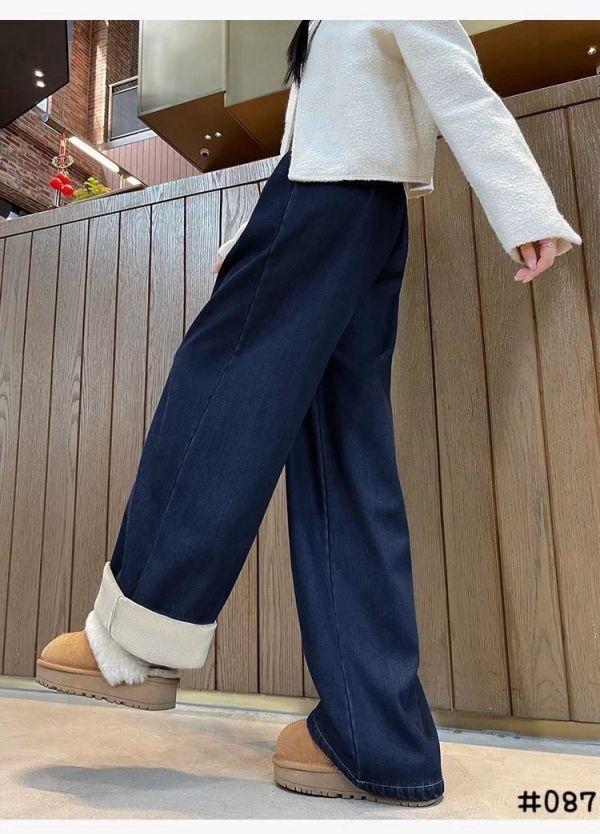 05121304｜秋冬〃087加絨丹寧感寬褲｜F 女款寬褲, 加絨寬褲, 冬季保暖褲, 高腰寬褲, 鬆緊腰長褲, 反摺褲腳, 刷毛長褲, 顯瘦褲型, 冬天穿搭, 女生休閒褲