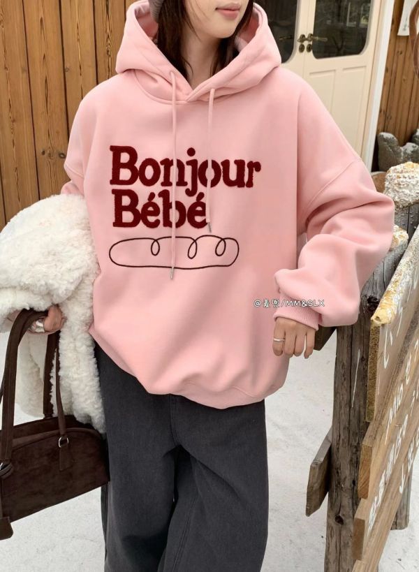 05120704｜秋冬〃2939法國麵包字母加絨連帽大學T｜F 刷毛帽T, 連帽衛衣, 韓系帽T, 刺繡衛衣, 寬鬆上衣, 情侶帽T, 落肩衛衣, 百搭帽T, 保暖上衣