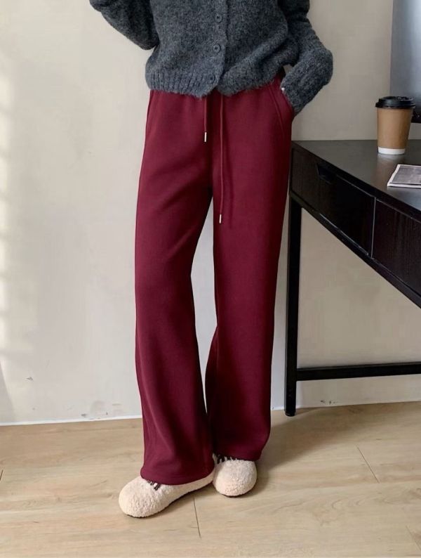 05120607｜秋冬〃9019細密羊羔絨超暖寬鬆休閒長褲｜F 女裝棉褲, 秋冬休閒褲, 寬鬆直筒褲, 顯瘦長褲, 韓系休閒褲, 女生素色褲, 百搭棉褲, 鬆緊腰褲, 酒紅長褲, 休閒家居褲, 大人女裝褲子