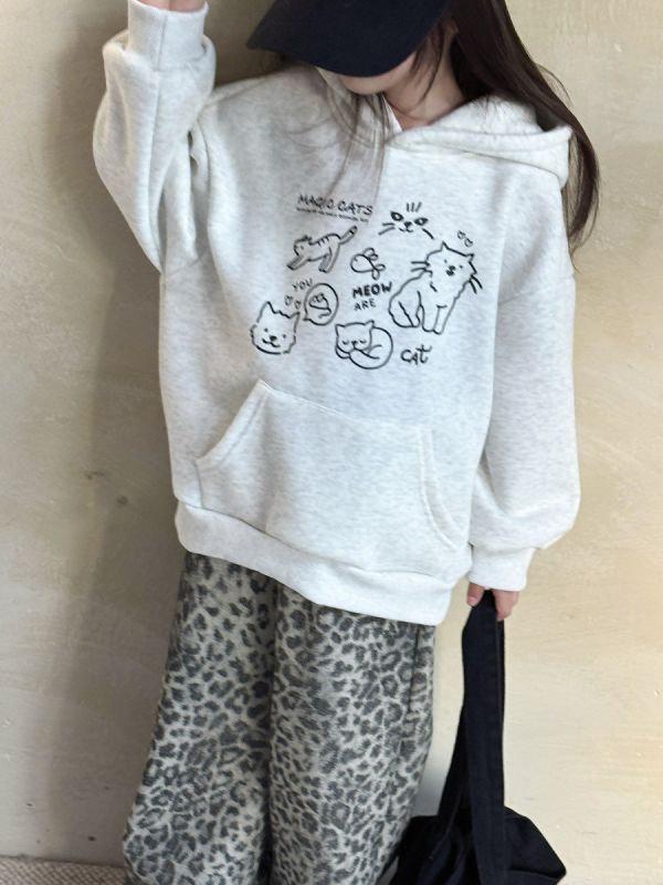 05120308｜小瑜家秋冬〃貓咪印花加絨連帽T｜90-150 女童上衣, 連帽上衣, 加絨衛衣, 貓咪童裝, 動物圖案童裝, 秋冬童裝, 刷毛上衣, 童裝衛衣, 日系童裝, 可愛童裝