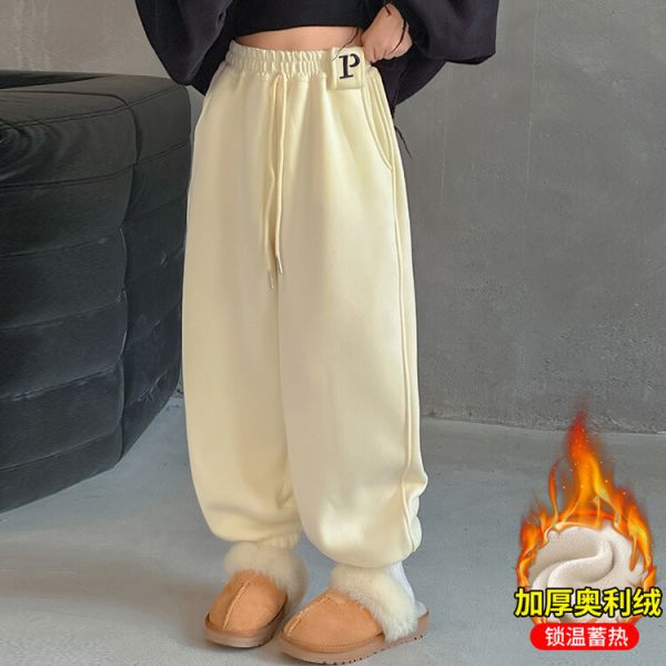 05111805｜HB家冬〃419五色加絨束腳運動褲｜120-170 兒童長褲、P字母褲、加厚休閒褲、保暖運動褲、兒童寬褲、秋冬棉褲、厚刷毛褲、休閒寬版褲、男女童長褲、兒童時尚穿搭、120-170褲子、冬季長褲