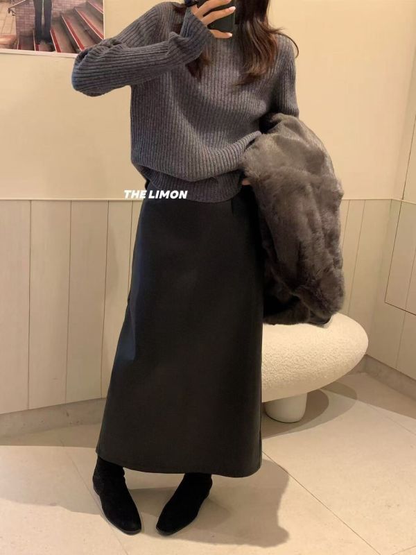 05110602┃LEMON〃9278復古磨毛PU皮裙┃S-L PU皮裙、皮質長裙、A字長裙、內刷毛裙、秋冬長裙、韓系穿搭、氣質半身裙、保暖皮裙、高腰長裙、THE LIMON