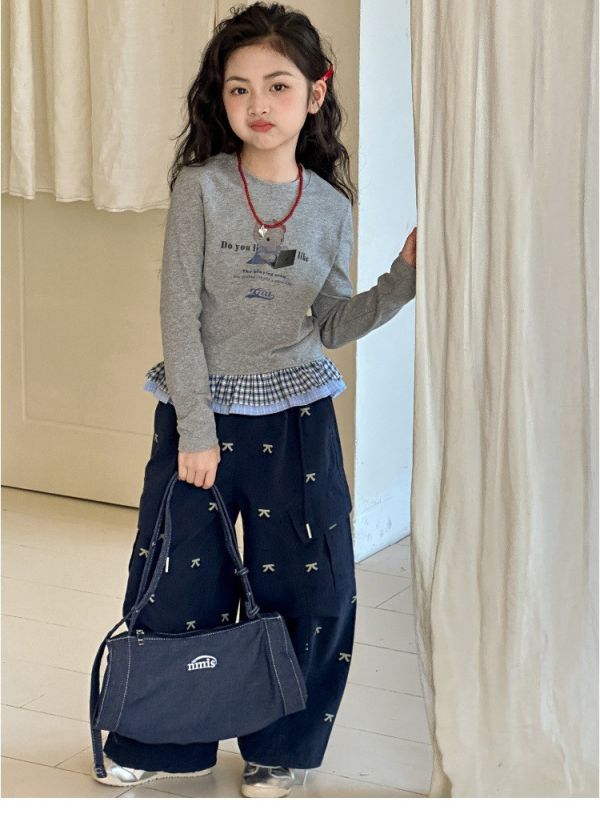 05112708｜XHY冬〃灰色KT印花花邊下擺T｜120-170 女童上衣、格紋假兩件、熊熊上衣、女童長袖、洋氣童裝、秋冬新品、百搭上衣