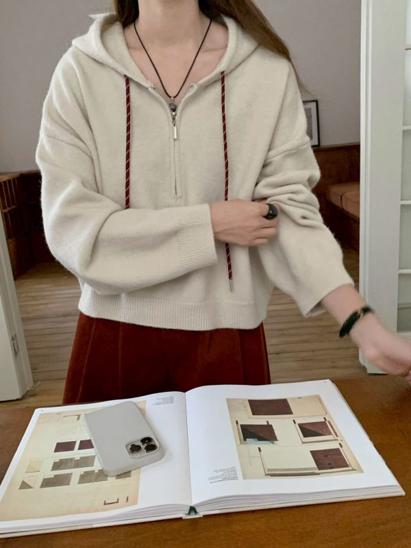 05120708｜秋冬〃506連帽半拉鍊針織上衣｜F 針織帽T, 半開拉鍊上衣, 連帽針織, 韓系上衣, 短版上衣, 顯瘦穿搭, 休閒針織, 女生上衣, 百搭上衣