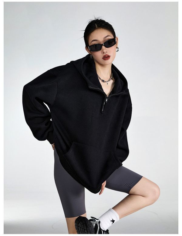 05110801┃秋〃3647兩色復古半拉鍊連帽上衣┃M-L 連帽衛衣、oversize帽T、韓系厚棉上衣、寬鬆帽T、保暖衛衣、半開拉鍊上衣、女裝秋冬、情侶衛衣、黑灰帽T、慵懶風