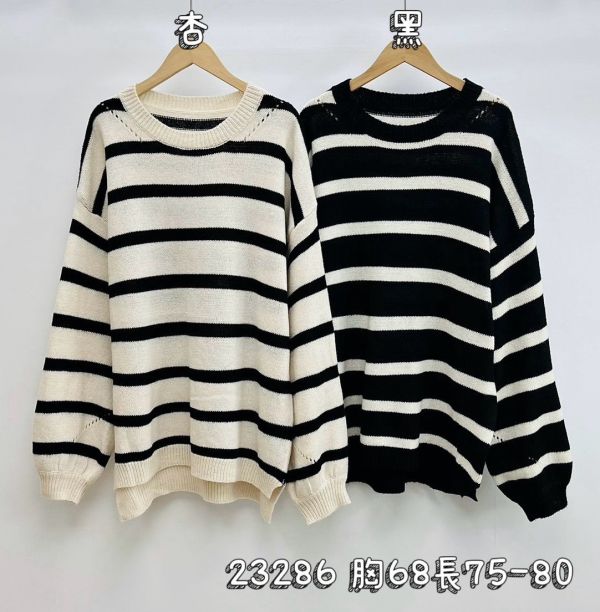 05112804｜秋冬〃23286慵懶設計感落肩條紋針織衫｜F 條紋毛衣、針織上衣、寬鬆上衣、秋冬毛衣、長袖上衣、女裝、23286
