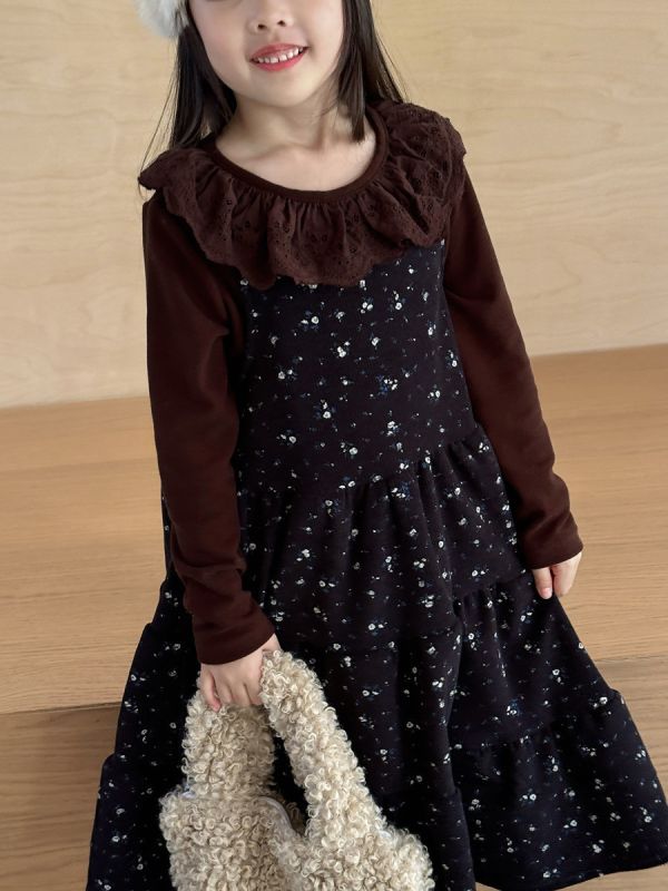 05120307｜小瑜家秋冬〃咖色蕾絲花邊奧絨上衣｜90-150 女童上衣, 長袖童裝, 碎花上衣, 蕾絲領童裝, 拼接上衣, 假兩件童裝, 秋冬童裝, 日系童裝, 可愛上衣, 女童T恤